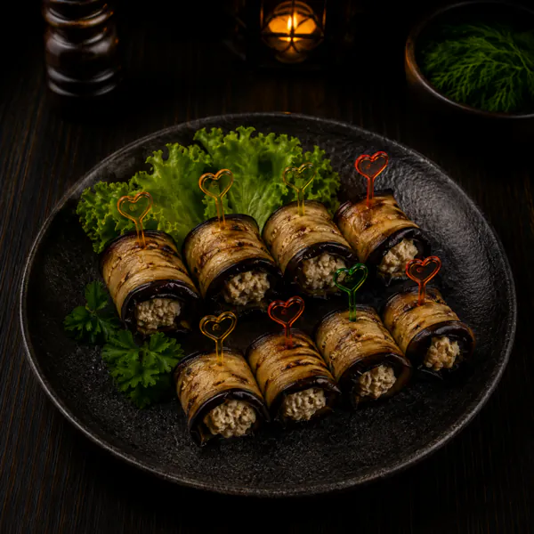 Auberginenröllchen mit Walnuss und Koriander — Gurman Gastro, Hannover